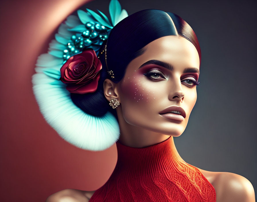 Digital Artwork: Woman with Elegant Makeup and Rose in Hair