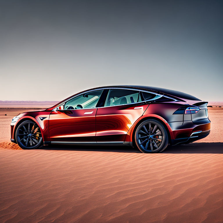 Red Electric SUV in Desert at Dusk with Futuristic Design
