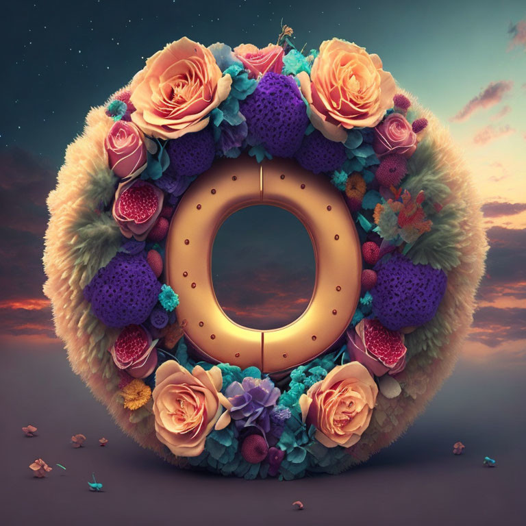 Circular object with colorful flowers and warm light.