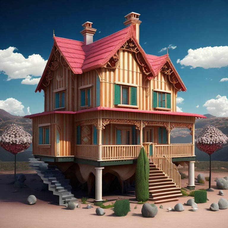 Whimsical two-story wooden house with pink roof and desert mountain backdrop