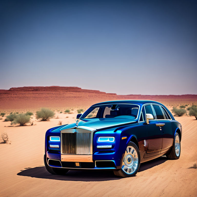 Luxury blue sedan with chrome details in vast desert under clear blue sky