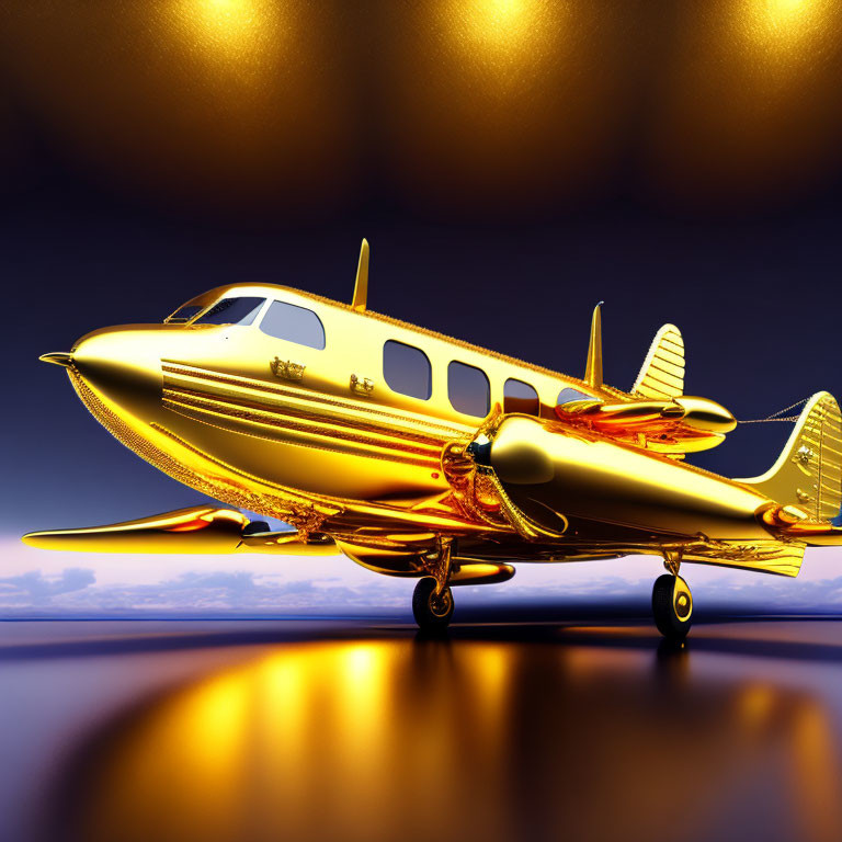 Luxurious Gold-Coated Private Jet on Glossy Blue Surface