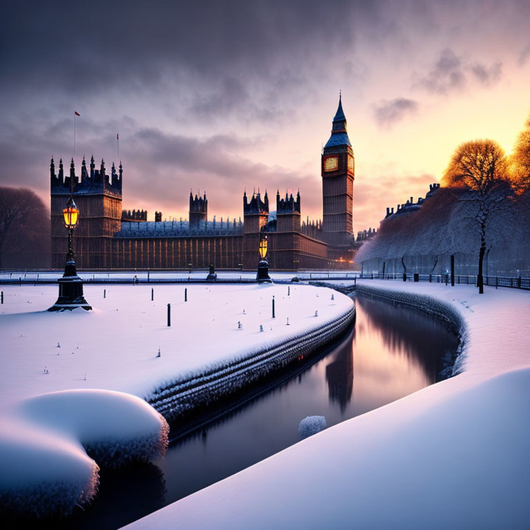 Snow-covered British Houses of Parliament and Big Ben at twilight by Thames River in winter scene