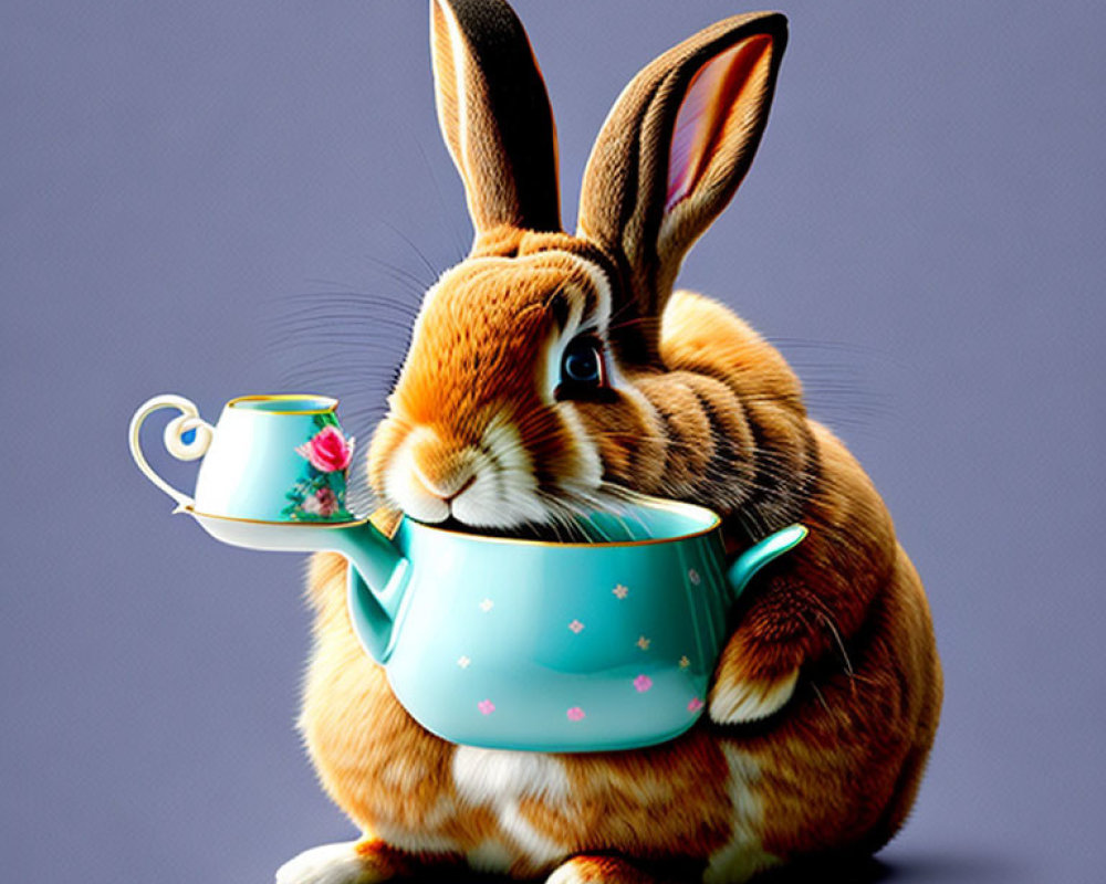 Whimsical digital illustration of a brown rabbit with teacup and teapot on purple background