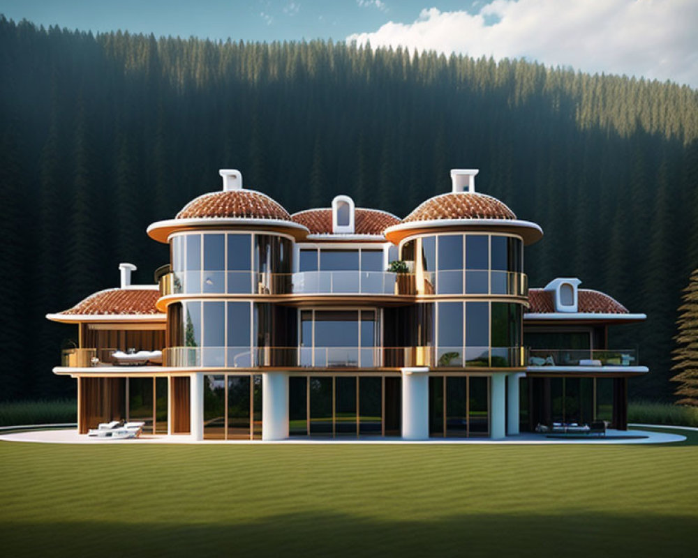 Modern multi-story house with dome-shaped roofs in lush forest