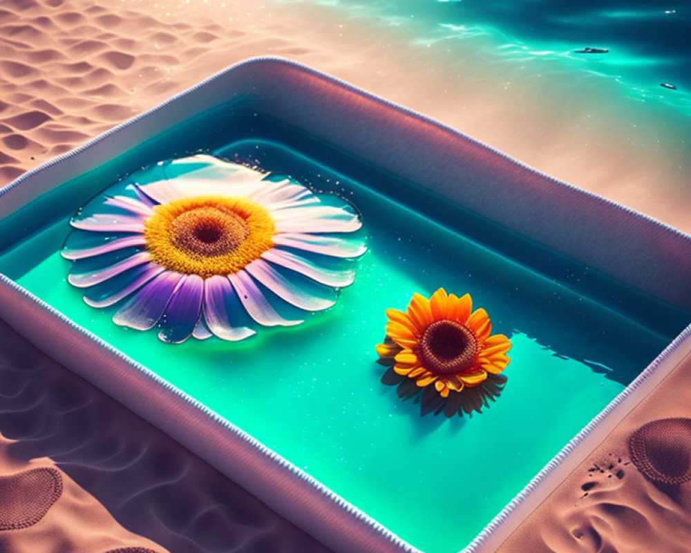 Surreal 3D laptop submerged in sand with tranquil water screen and vibrant flowers