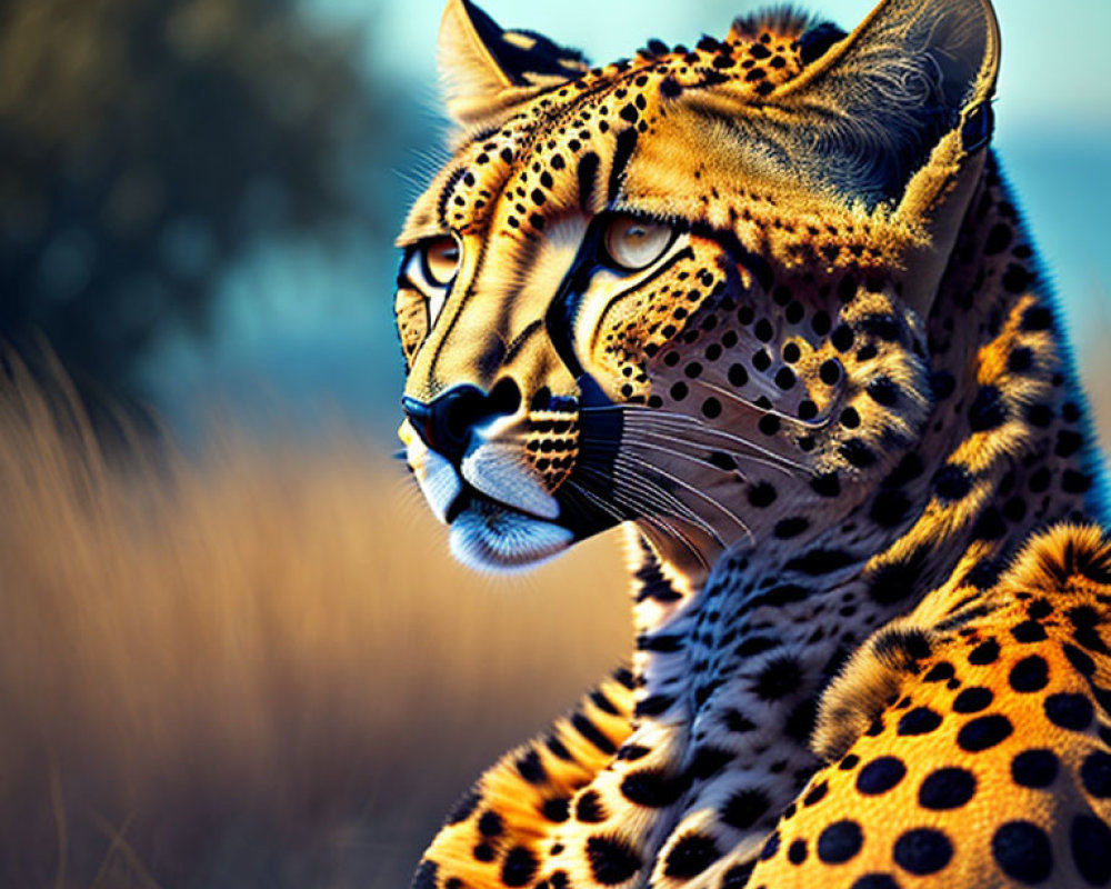 Close-up of cheetah with blue background and tall grass, highlighting spotted fur and intense gaze