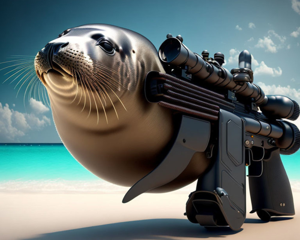 Surreal image of seal head on rifle body on beach