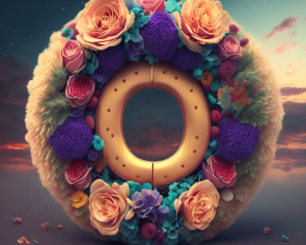 Circular object with colorful flowers and warm light.