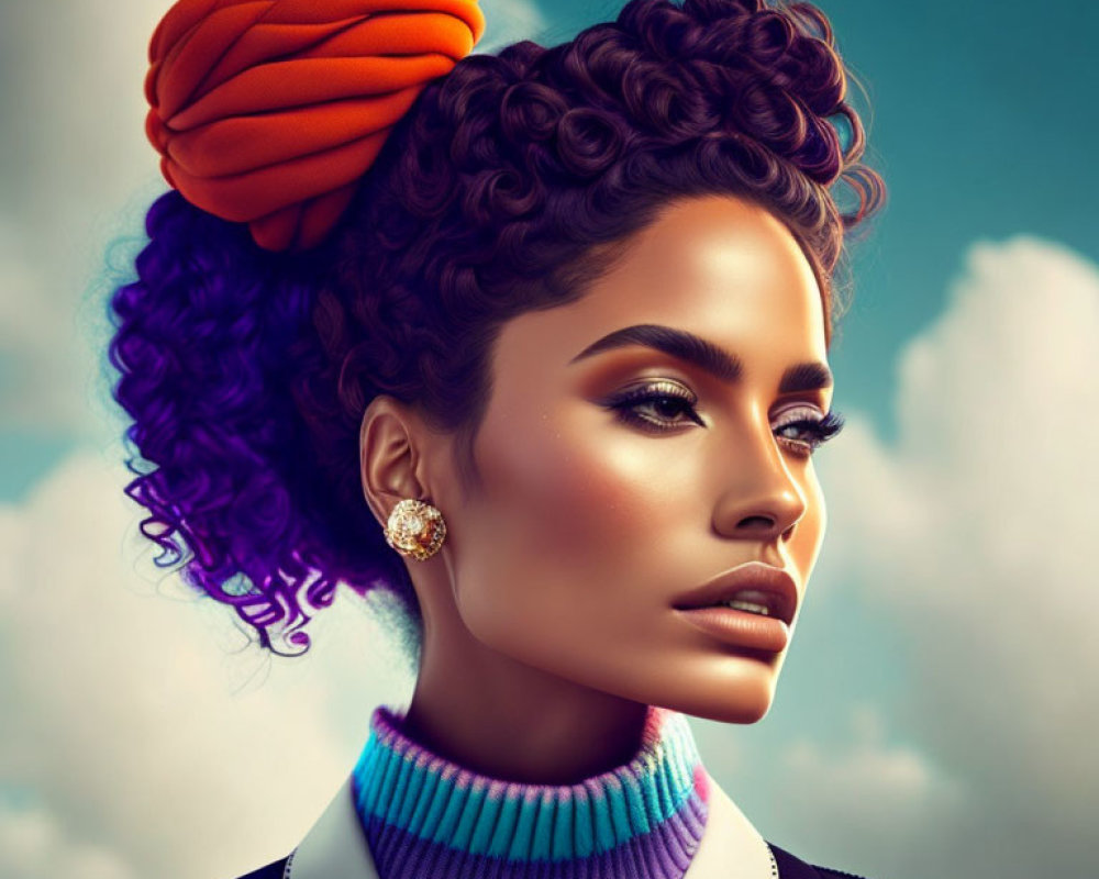 Colorful digital art portrait of a woman with turban, purple hair, and striped turtleneck