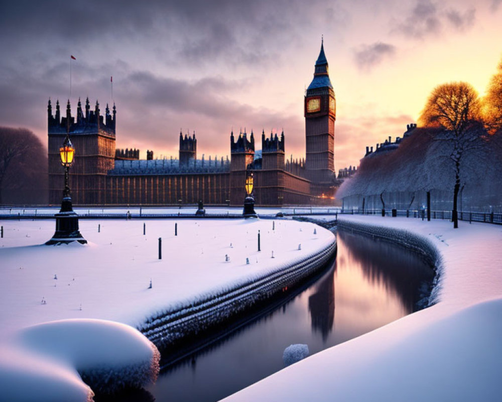 Snow-covered British Houses of Parliament and Big Ben at twilight by Thames River in winter scene