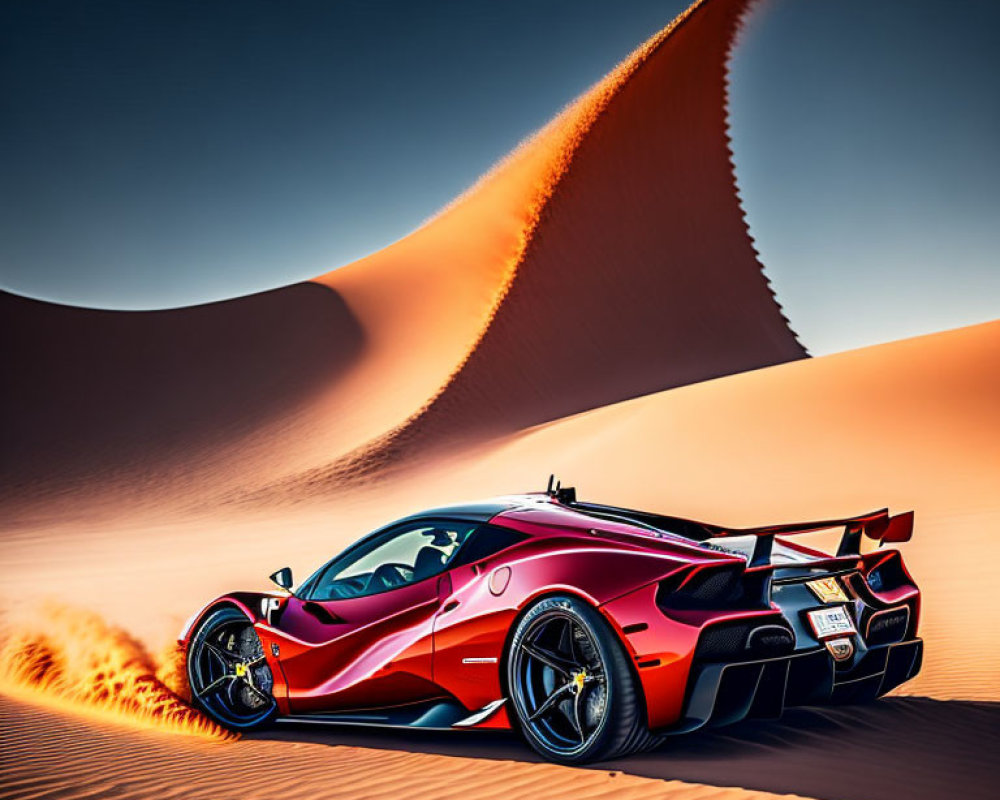 Red sports car with rear wing parked on sand dunes under blue sky