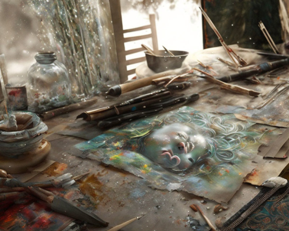 Cluttered workspace with woman's face painting, brushes, paints, snowy window.