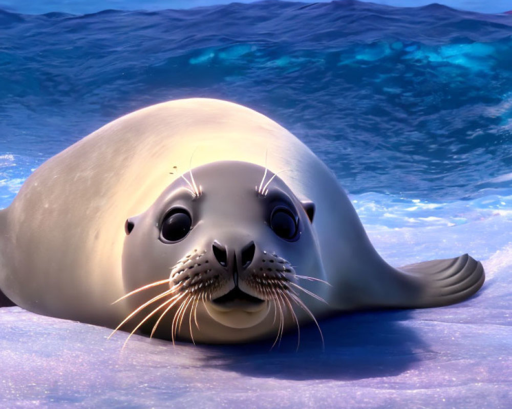 3D animated seal resting on icy surface with ocean and icebergs