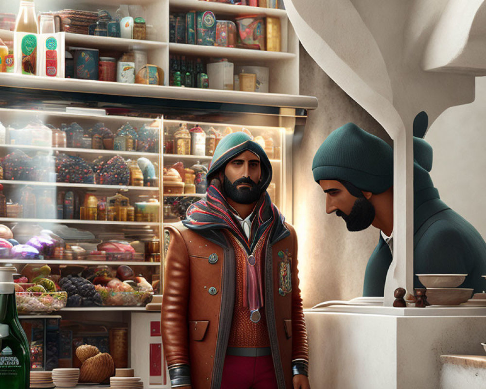 Bearded man in leather jacket and beanie in cozy deli with food-filled shelves.