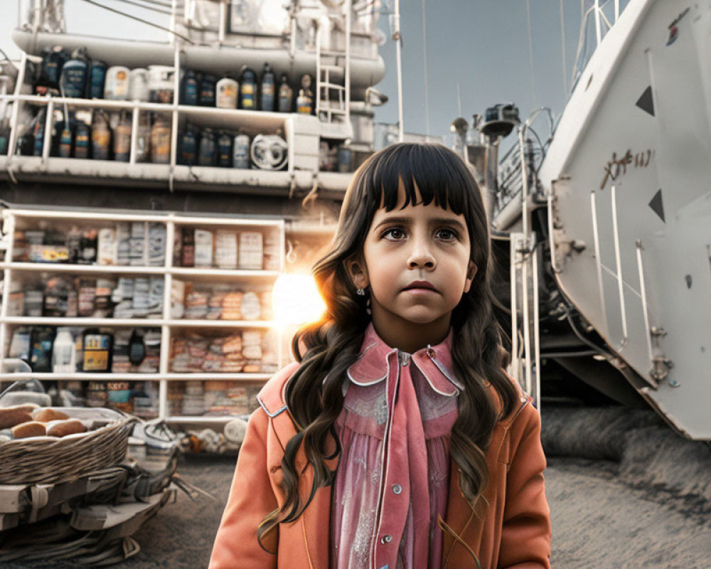 Young girl in pink jacket at market with boats and goods in background