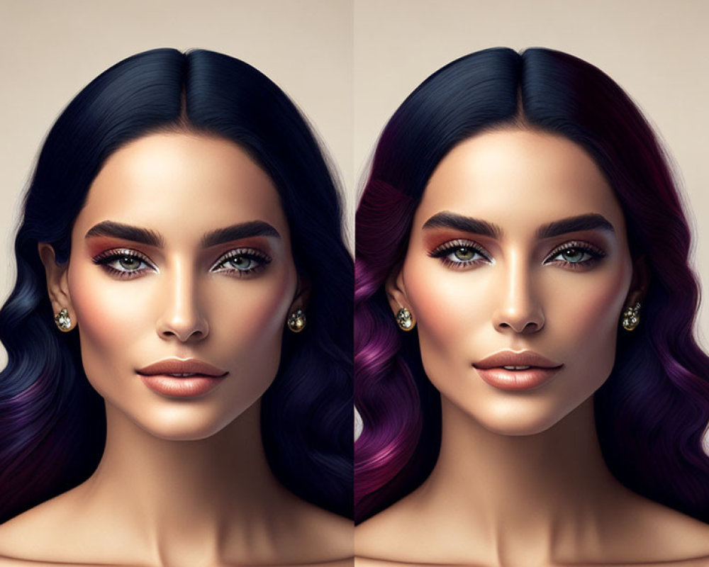 Digital portraits: Woman with black vs. black & purple ombre hair, same pose and makeup