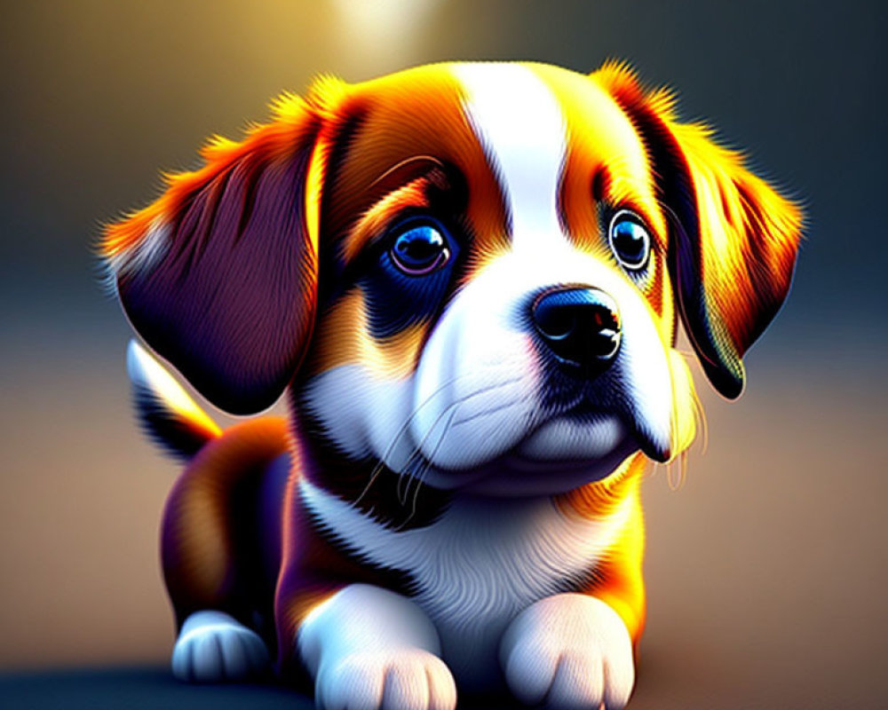 Colorful Digital Illustration: Cute Beagle Puppy with Sad Eyes