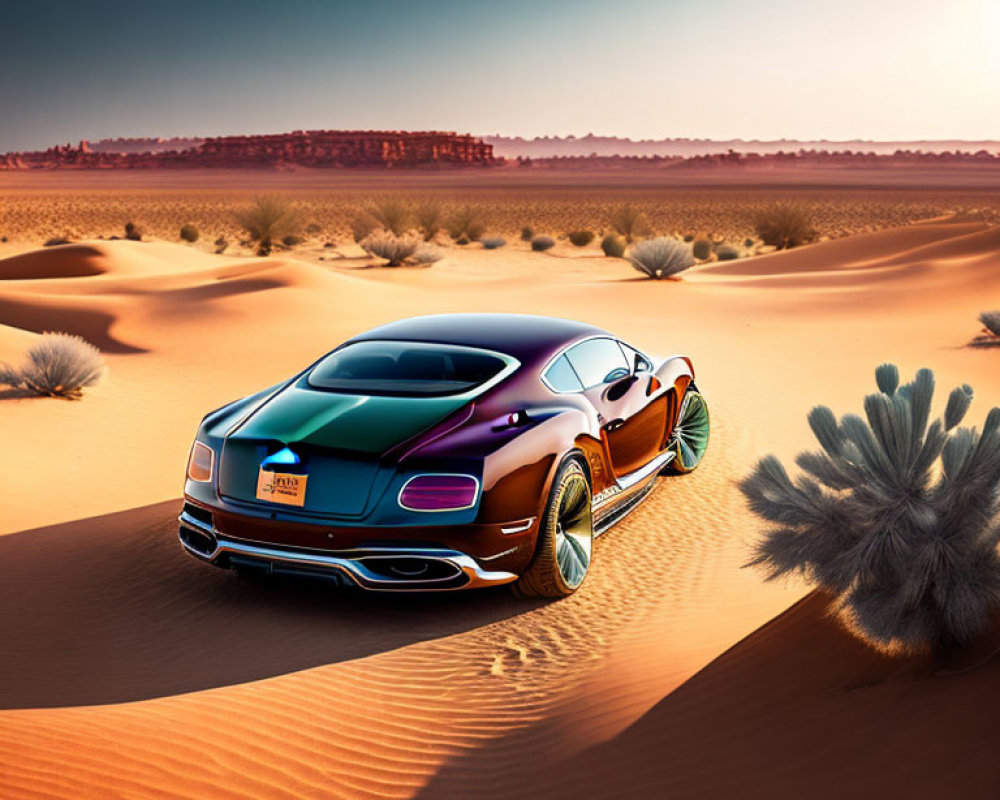Luxury Car with Iridescent Paint Job Parked on Desert Dune
