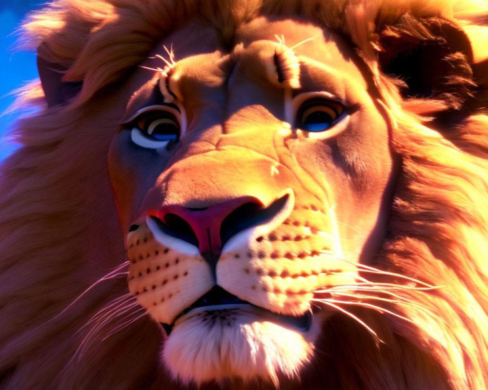 CG-animated lion with gentle expression on blue-tinted background