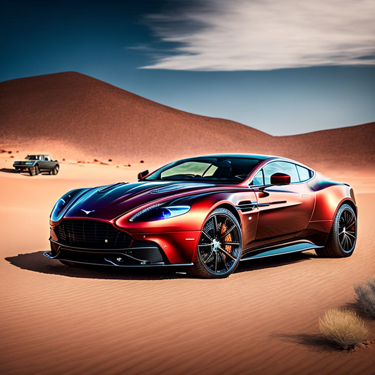 Red Aston Martin sports car in desert landscape with sand dunes and distant car.