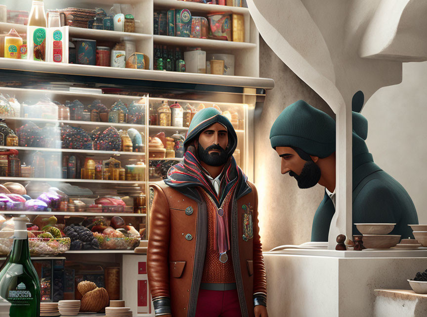 Bearded man in leather jacket and beanie in cozy deli with food-filled shelves.