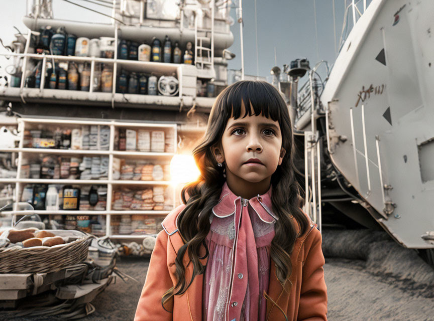 Young girl in pink jacket at market with boats and goods in background
