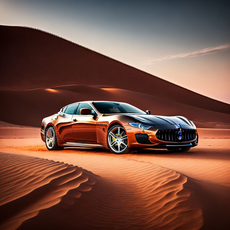 Shiny brown luxury car parked on desert dune under clear sky