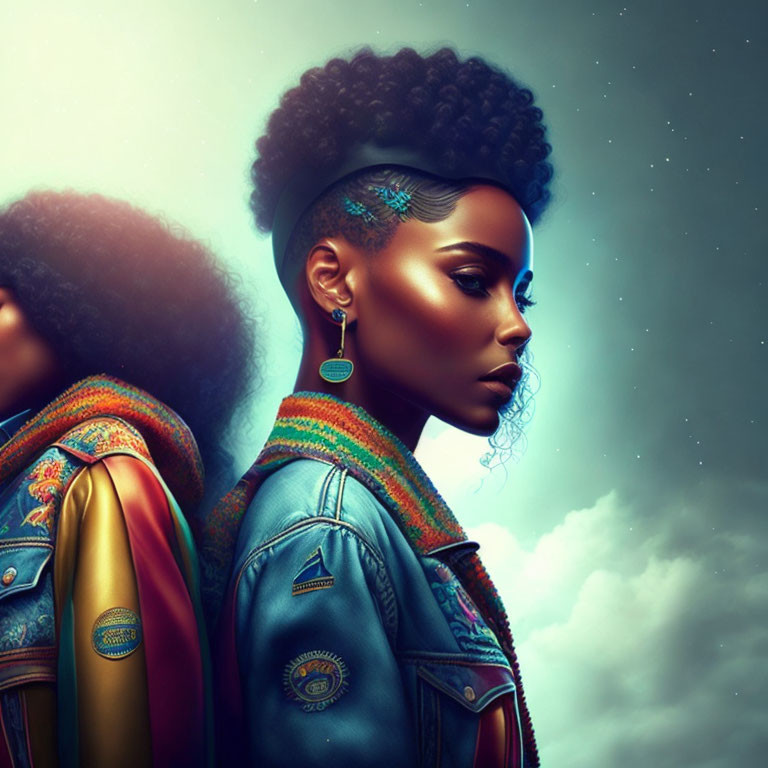 Two women with afro hairstyles in colorful denim jackets on celestial background