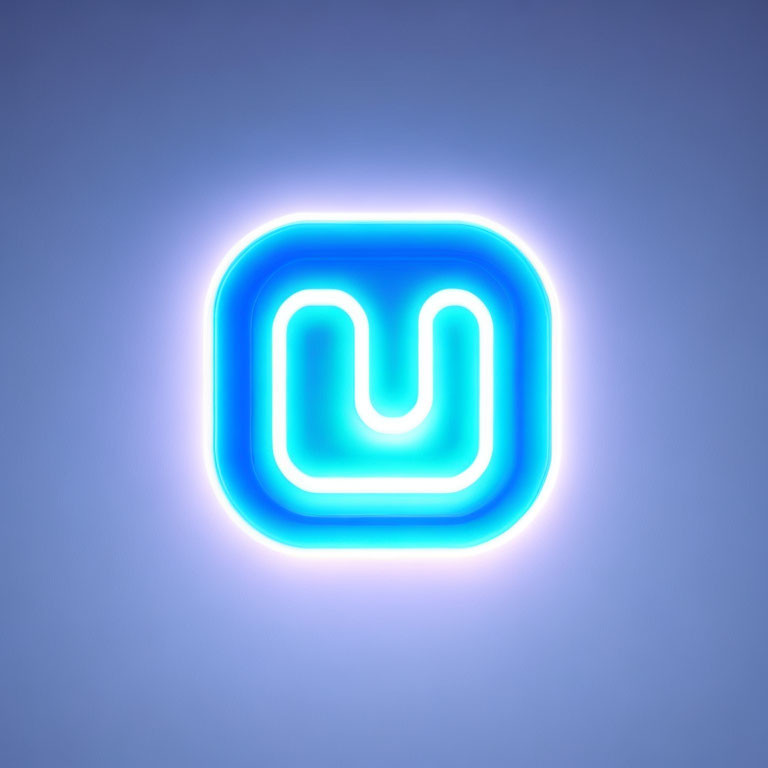 Neon blue letter 'U' on rounded square in blue gradient.