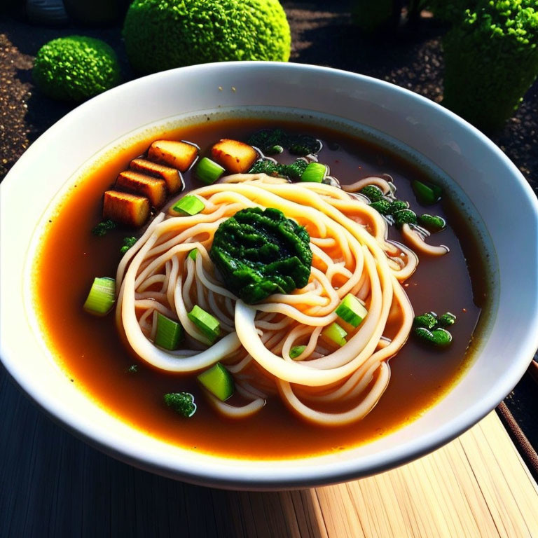 Asian noodle soup with tofu, green vegetables, and scallions on wooden surface