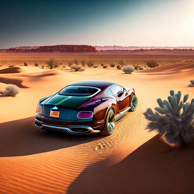 Luxury Car with Iridescent Paint Job Parked on Desert Dune