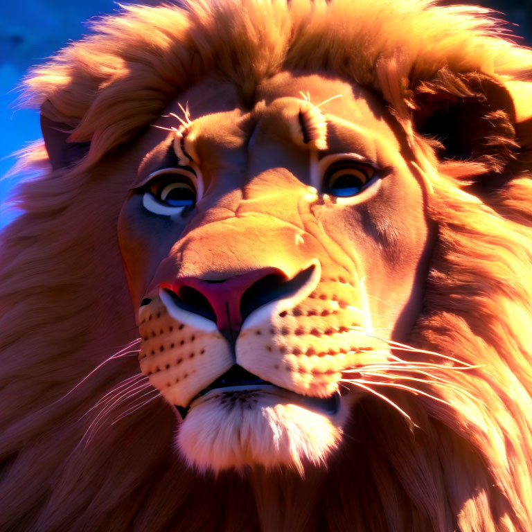 CG-animated lion with gentle expression on blue-tinted background
