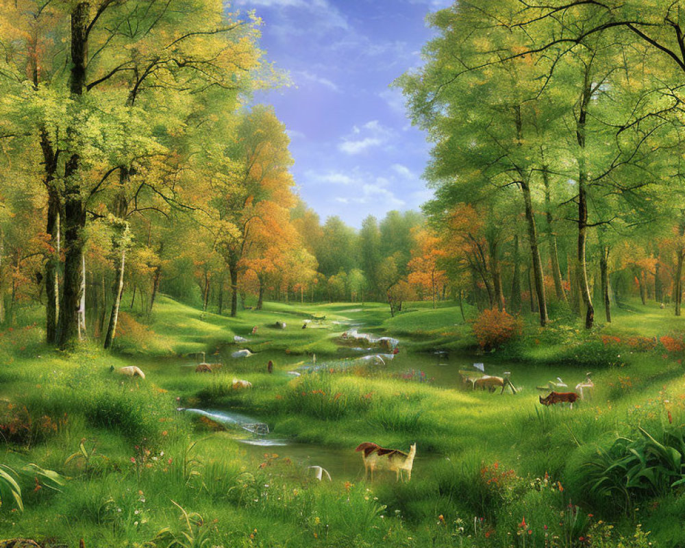 Serene forest scene with stream, grazing deer, and vibrant foliage