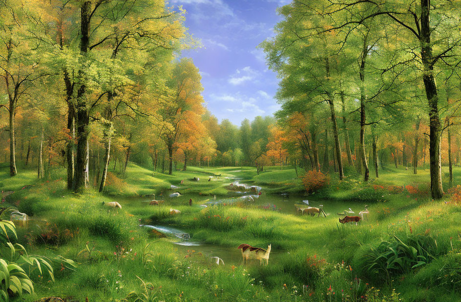 Serene forest scene with stream, grazing deer, and vibrant foliage