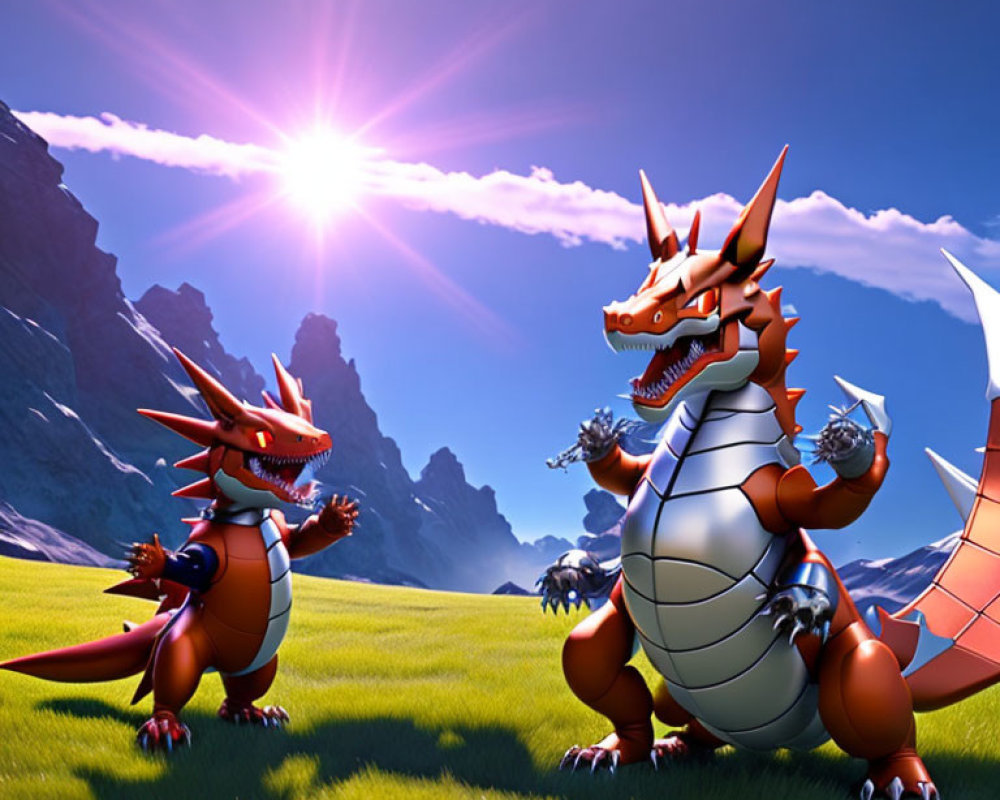 Vibrant green valley with two animated dragons, one metal-plated
