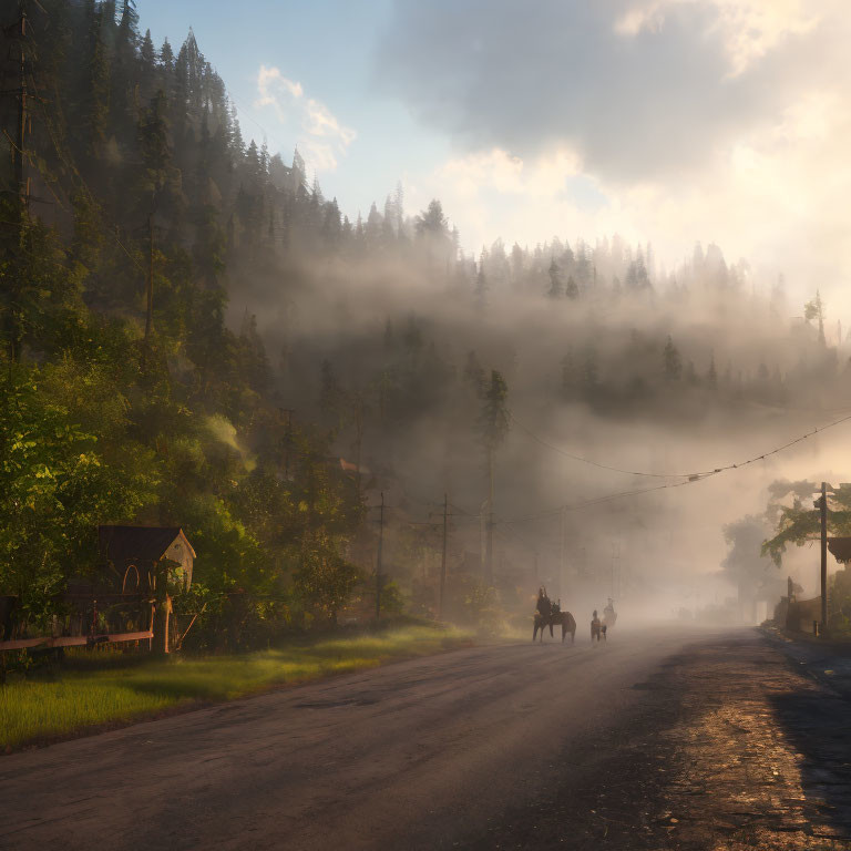 Misty forest road at sunrise with horse riders and cabin.