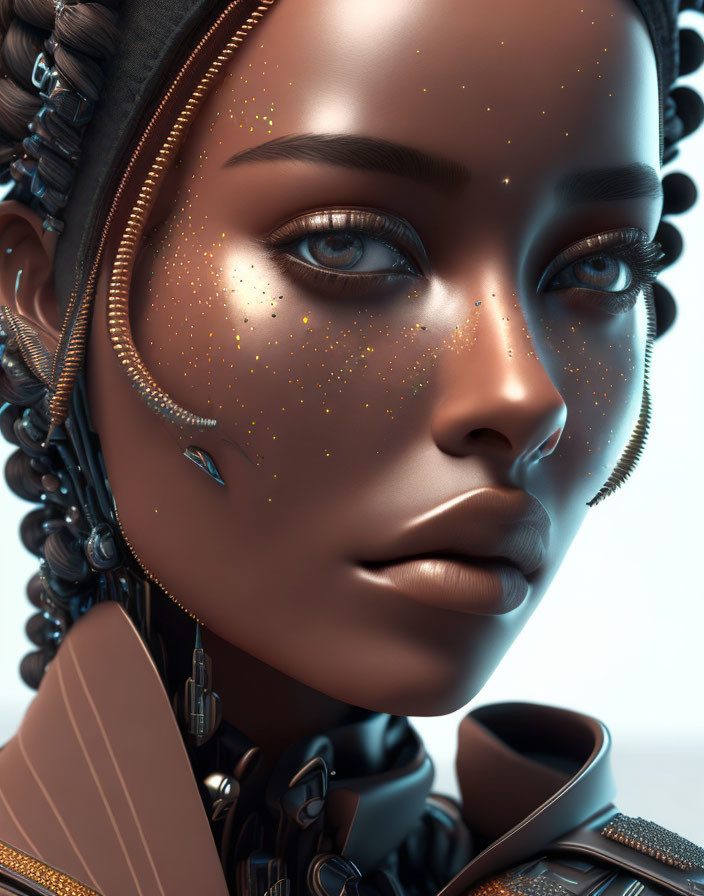 Futuristic digital portrait of a woman with metallic skin and braided hair