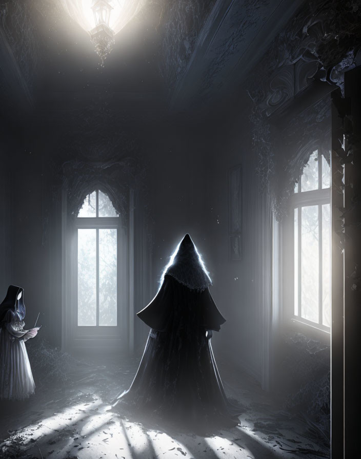 Gothic architecture in dimly lit room with cloaked figure and child-like figure.