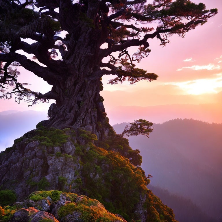 Ancient tree on rocky outcrop in mountain landscape at sunset