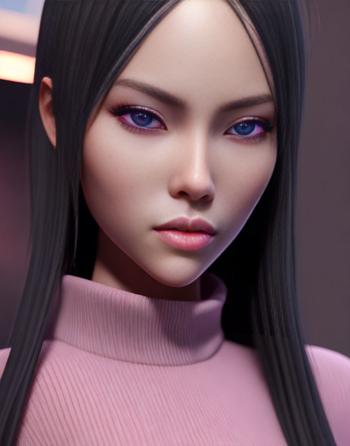 3D digital portrait: Woman with violet eyes, black hair, pink turtleneck