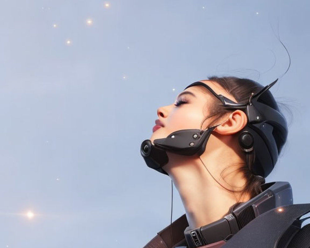 Futuristic armor-clad woman with headset under starry sky