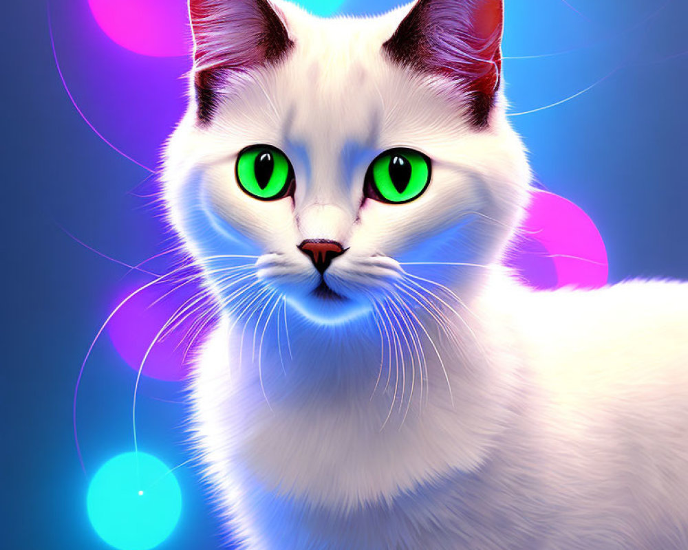 White Cat with Green Eyes on Blue Background with Bokeh Lights