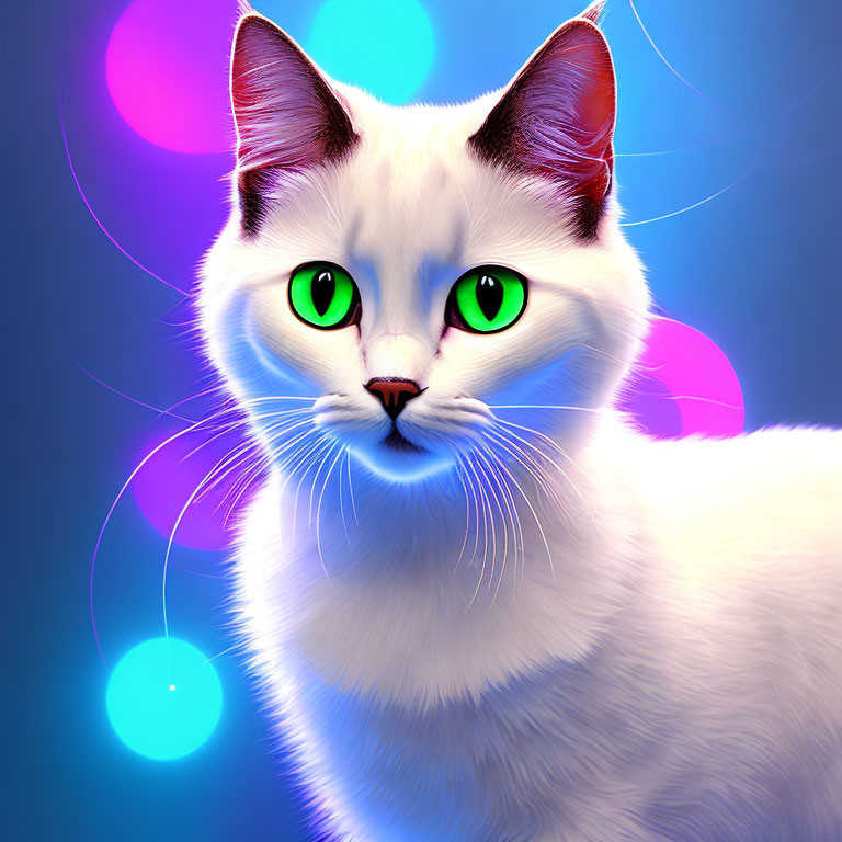 White Cat with Green Eyes on Blue Background with Bokeh Lights
