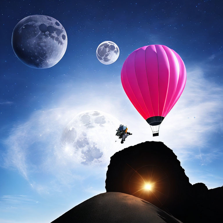 Pink hot air balloon in surreal starry sky with multiple moons and rising sun.