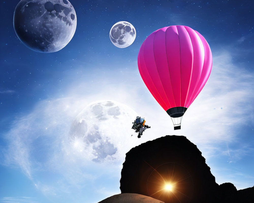 Pink hot air balloon in surreal starry sky with multiple moons and rising sun.