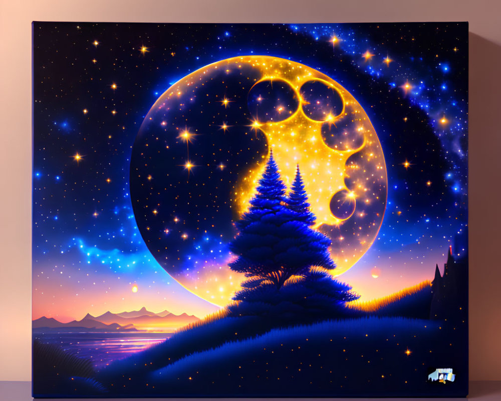 Surreal canvas art with crescent moon, pine tree, starry sky, mountains