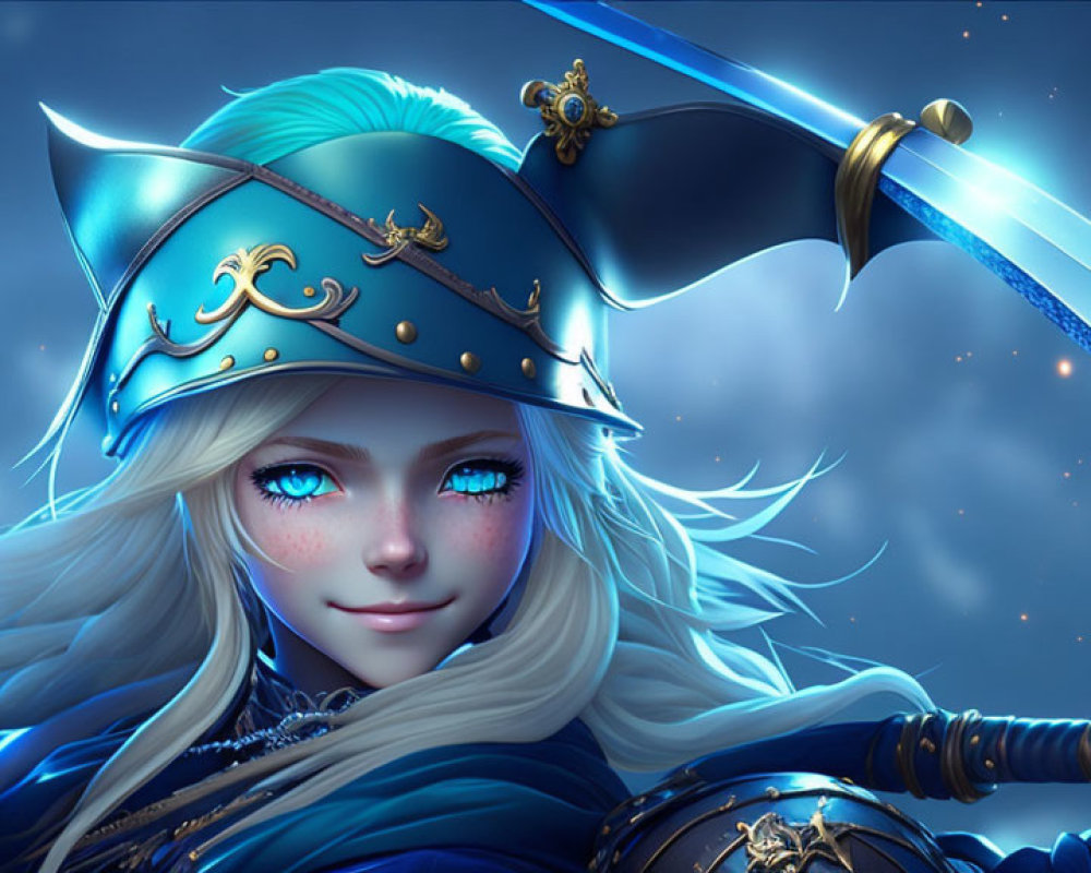 Blonde woman in blue and gold armor with sword on mystical background