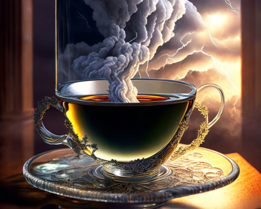 Surreal image: Tea cup with storm cloud in dark skies