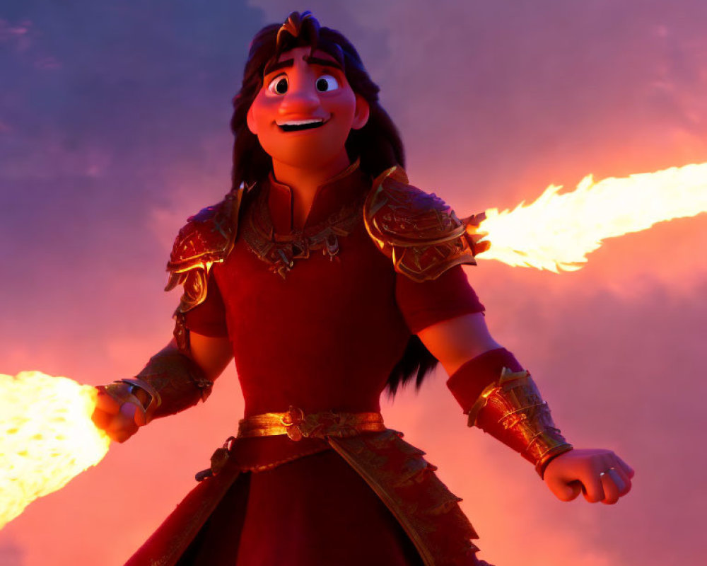 Animated character in armor with cheerful expression against purple sky and fiery hand trail